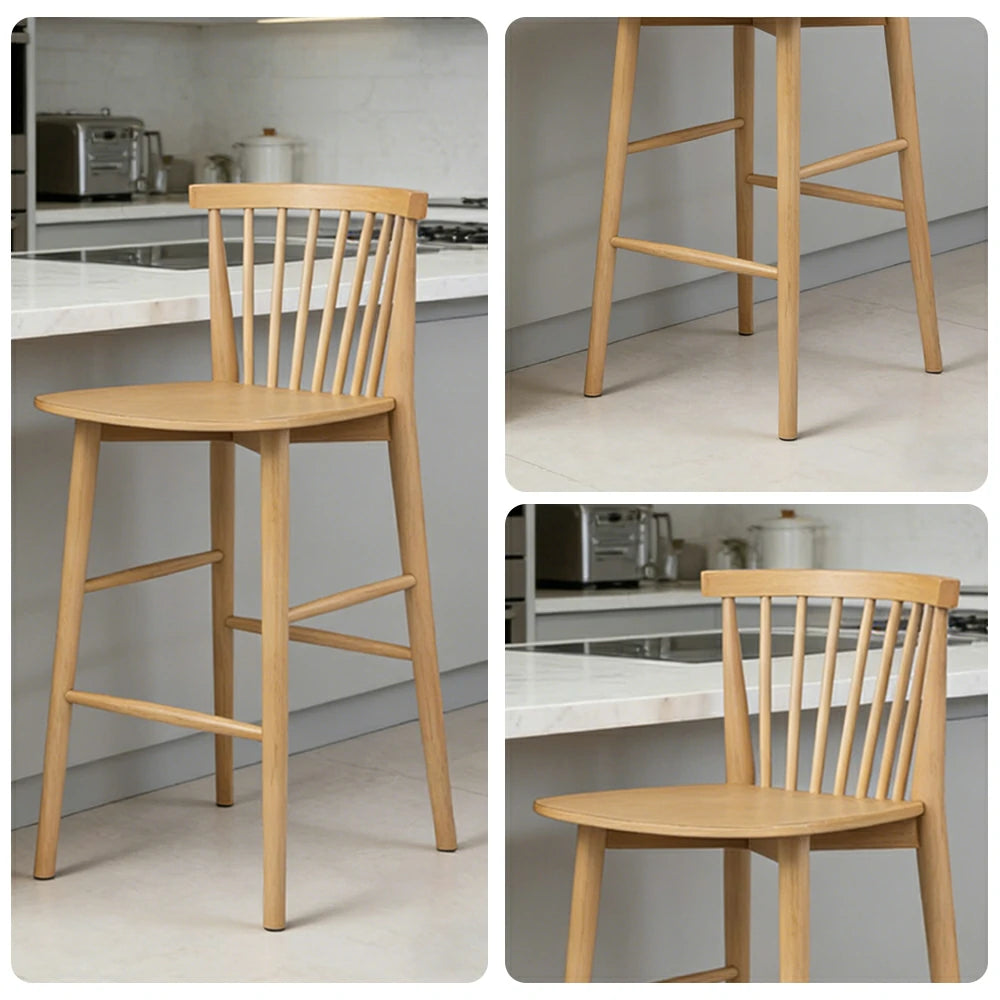 LIVARA Solid Wood Bar Stool - Ergonomic Slatted Backrest, Reinforced Crossbar Support, Durable Dining & Kitchen Seating - Natural