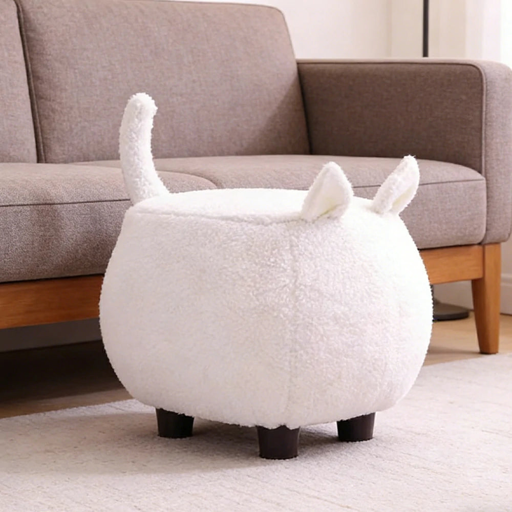 LIVARA Cat-Shaped Cashmere-Fleece Stool, Supportive Comfort Seat, Durable Upholstery, Rounded Safety Design - White