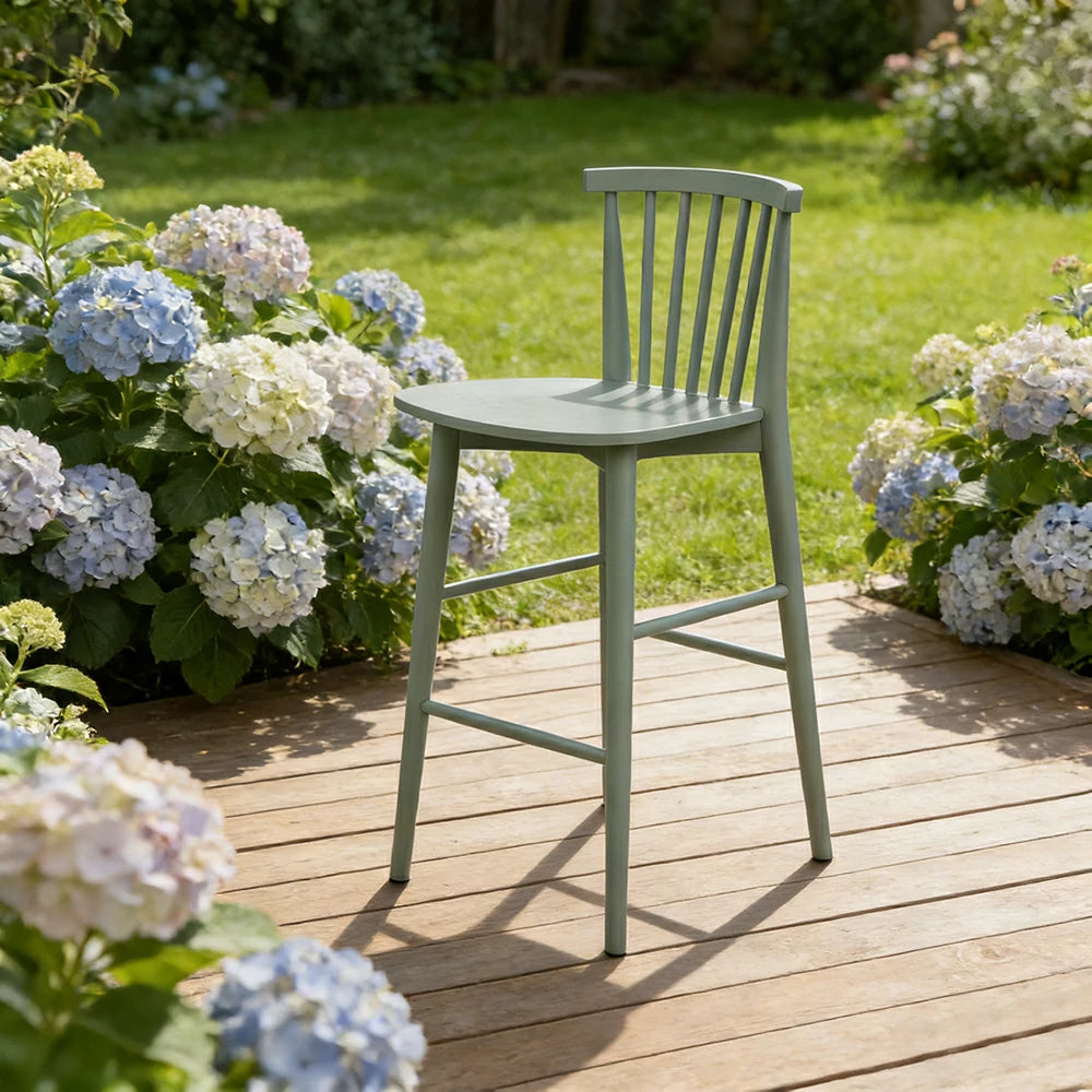 LIVARA Solid Wood Bar Stool - Ergonomic Slatted Backrest, Reinforced Crossbar Support, Durable Dining & Kitchen Seating - Green