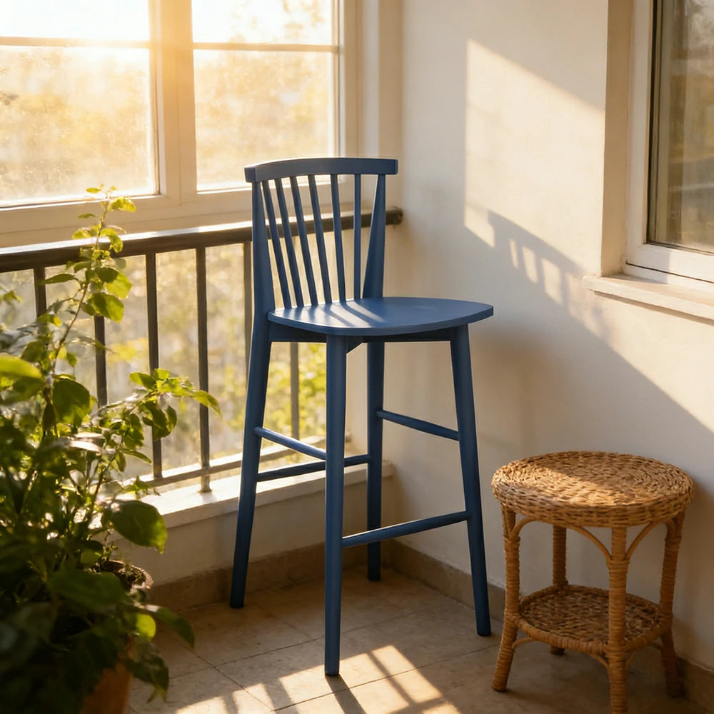 LIVARA Solid Wood Bar Stool - Ergonomic Slatted Backrest, Reinforced Crossbar Support, Durable Dining & Kitchen Seating - Blue