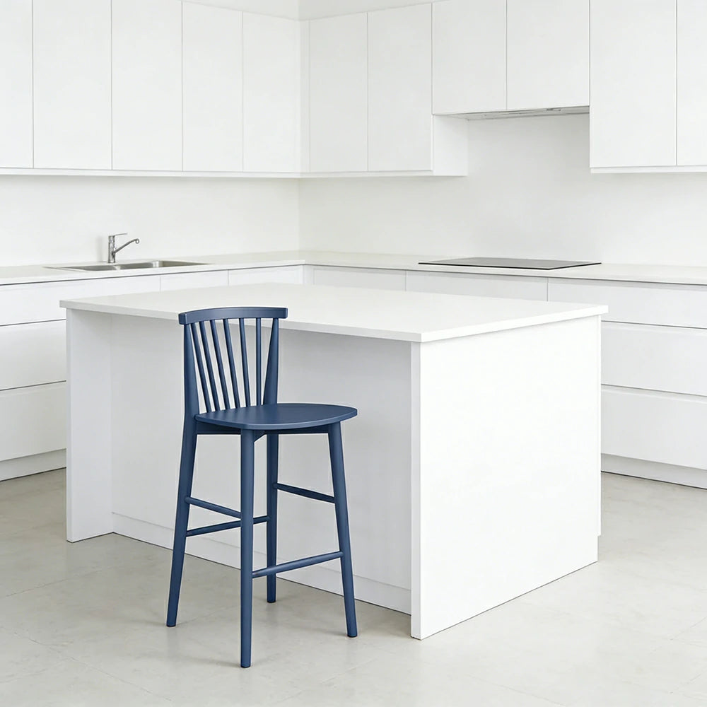 LIVARA Solid Wood Bar Stool - Ergonomic Slatted Backrest, Reinforced Crossbar Support, Durable Dining & Kitchen Seating - Blue