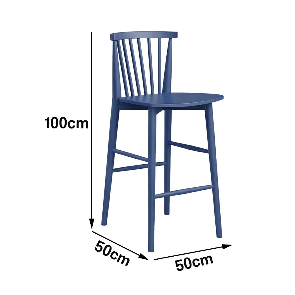 LIVARA Solid Wood Bar Stool - Ergonomic Slatted Backrest, Reinforced Crossbar Support, Durable Dining & Kitchen Seating - Blue