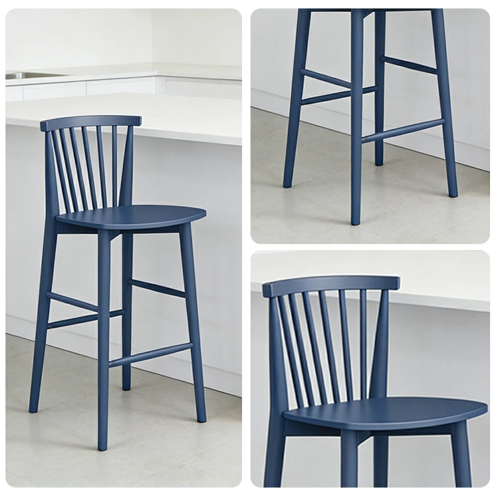 LIVARA Solid Wood Bar Stool - Ergonomic Slatted Backrest, Reinforced Crossbar Support, Durable Dining & Kitchen Seating - Blue