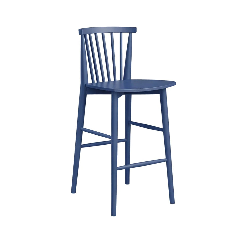 LIVARA Solid Wood Bar Stool - Ergonomic Slatted Backrest, Reinforced Crossbar Support, Durable Dining & Kitchen Seating - Blue