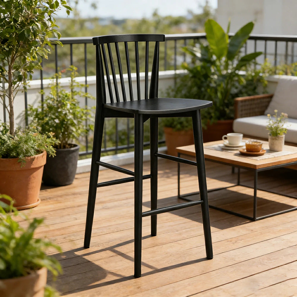 LIVARA Solid Wood Bar Stool - Ergonomic Slatted Backrest, Reinforced Crossbar Support, Durable Dining & Kitchen Seating - Black