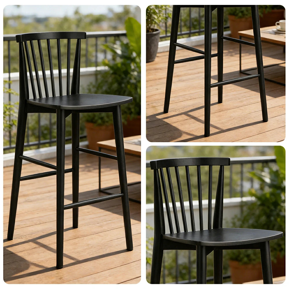 LIVARA Solid Wood Bar Stool - Ergonomic Slatted Backrest, Reinforced Crossbar Support, Durable Dining & Kitchen Seating - Black