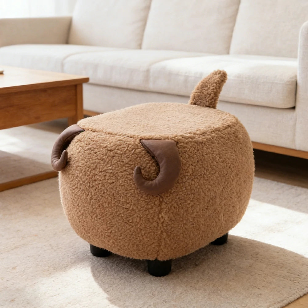 LIVARA Goat-Shaped Cashmere-Fleece Stool, Supportive Comfort Seat, Durable Upholstery, Rounded Safety Design - Coffee