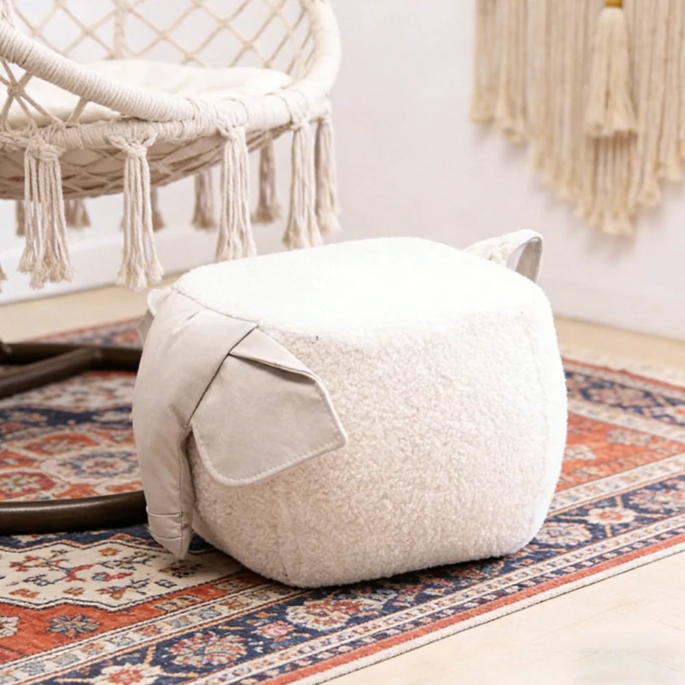 LIVARA Elephant-Shaped Teddy Fleece Stool, Supportive Comfort Seat, Durable Upholstery, Rounded Safety Design - White