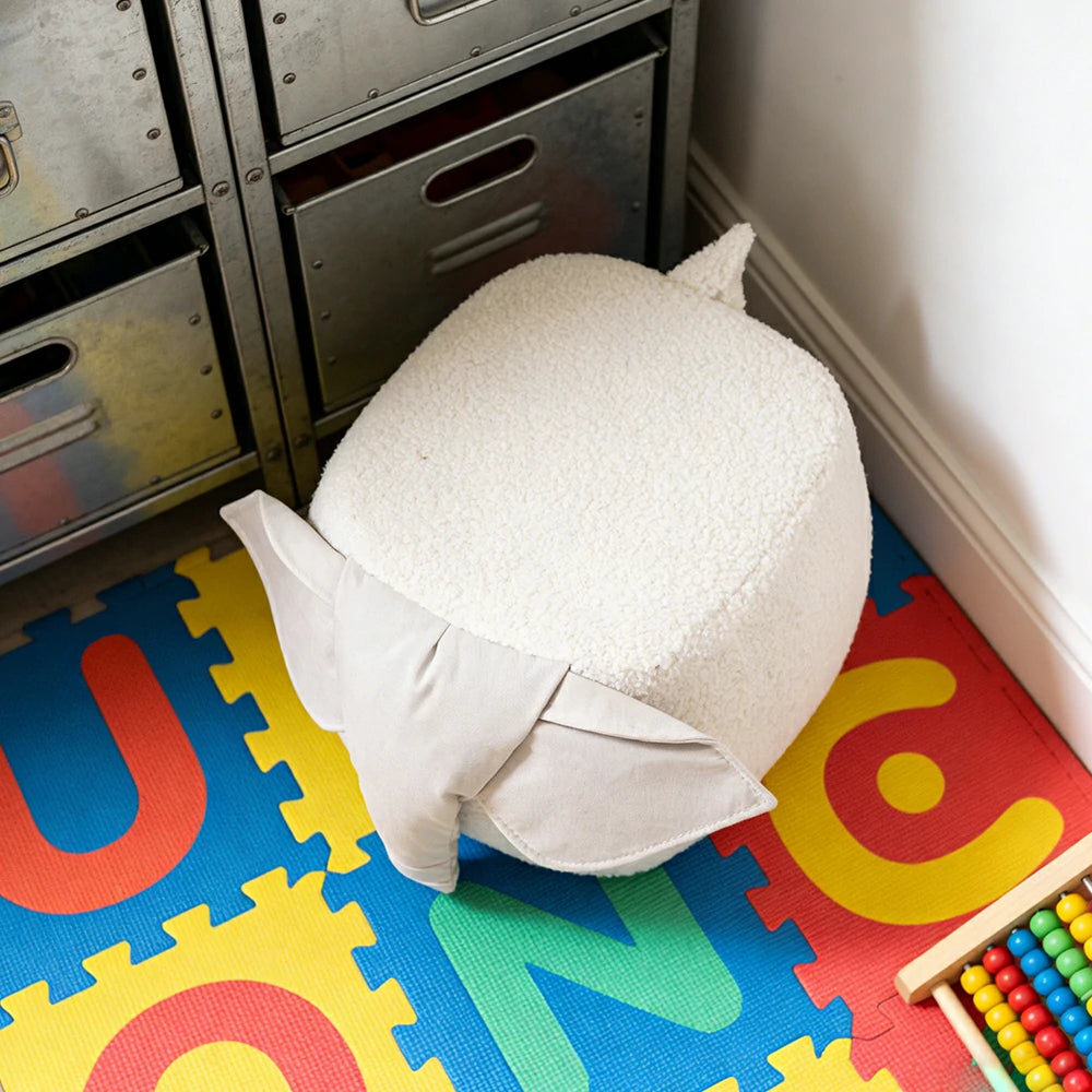 LIVARA Elephant-Shaped Teddy Fleece Stool, Supportive Comfort Seat, Durable Upholstery, Rounded Safety Design - White