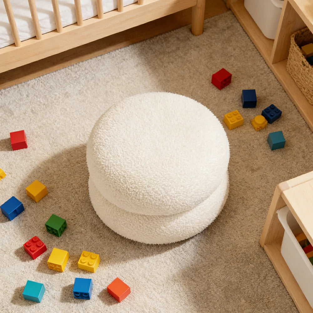 LIVARA Stackable Sherpa Stool, High-Density Foam Cushion, Solid Wood Frame, Space-Saving Design - White