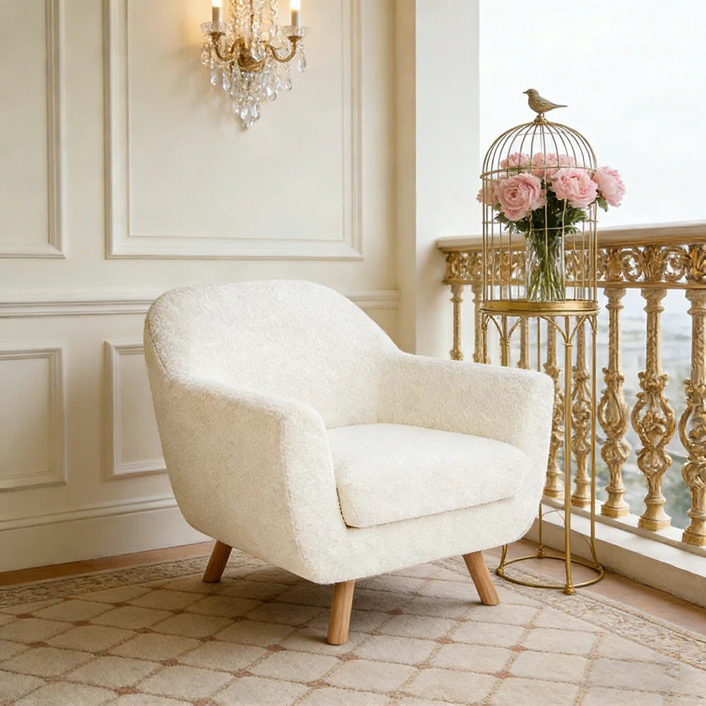 LIVARA Nordic Accent Armchair - Upholstered Single Sofa with High-Resilience Foam, Soft Sherpa Fabric & Solid Wood Legs - Cream