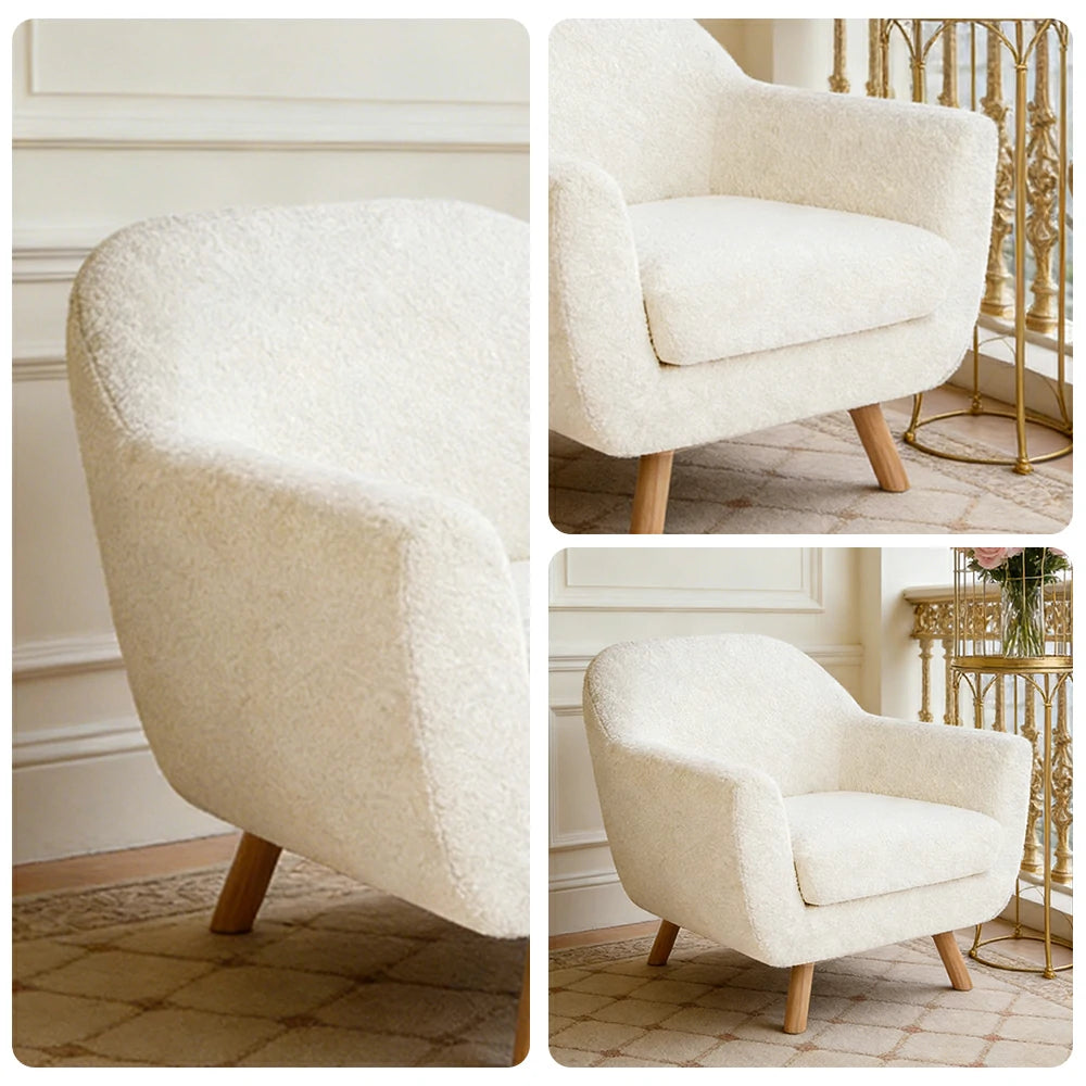 LIVARA Nordic Accent Armchair - Upholstered Single Sofa with High-Resilience Foam, Soft Sherpa Fabric & Solid Wood Legs - Cream