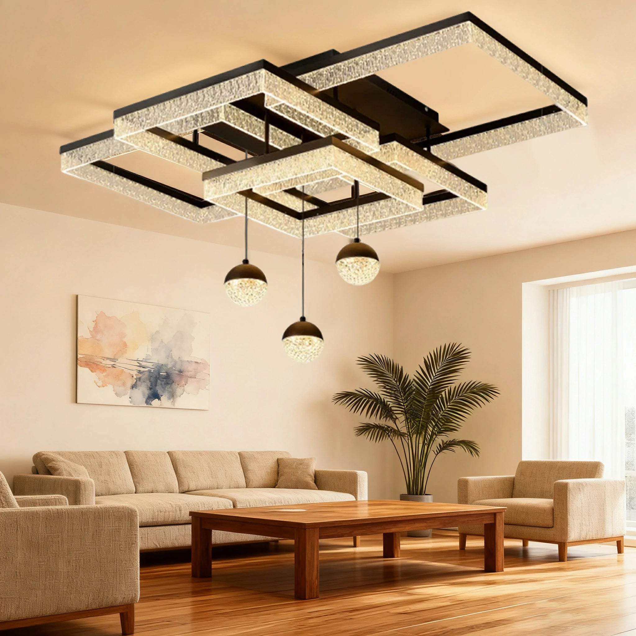 LIVARA 288W Frosted Pendant Light with Full-Spectrum Eye-Protection LED, Ra≥97 High CRI & Anti-Glare Grid Design