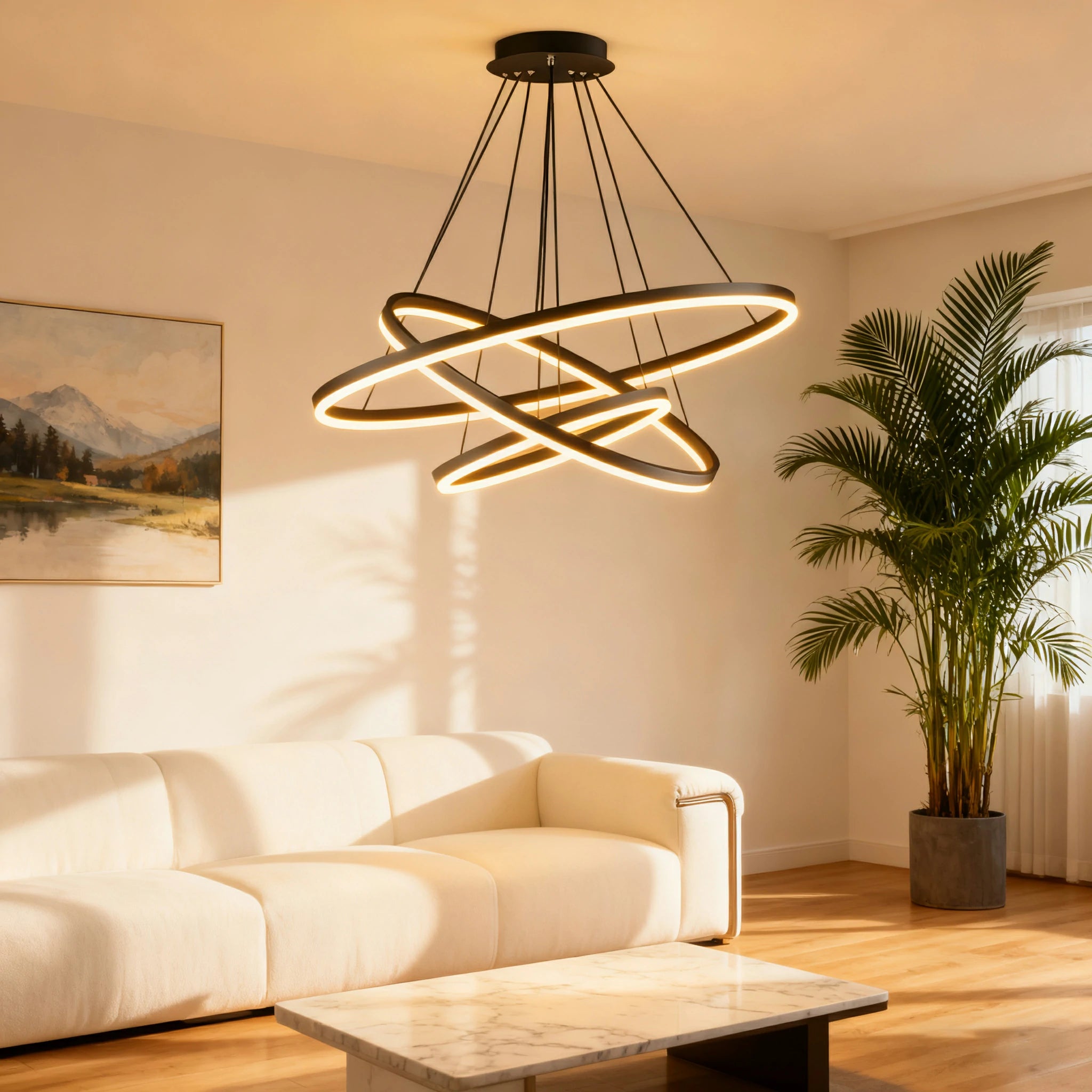 LIVARA 58W Ring Pendant Light with Full-Spectrum Eye-Protection LED, Three-Color Dimmable Lighting & Adjustable Metal Suspension