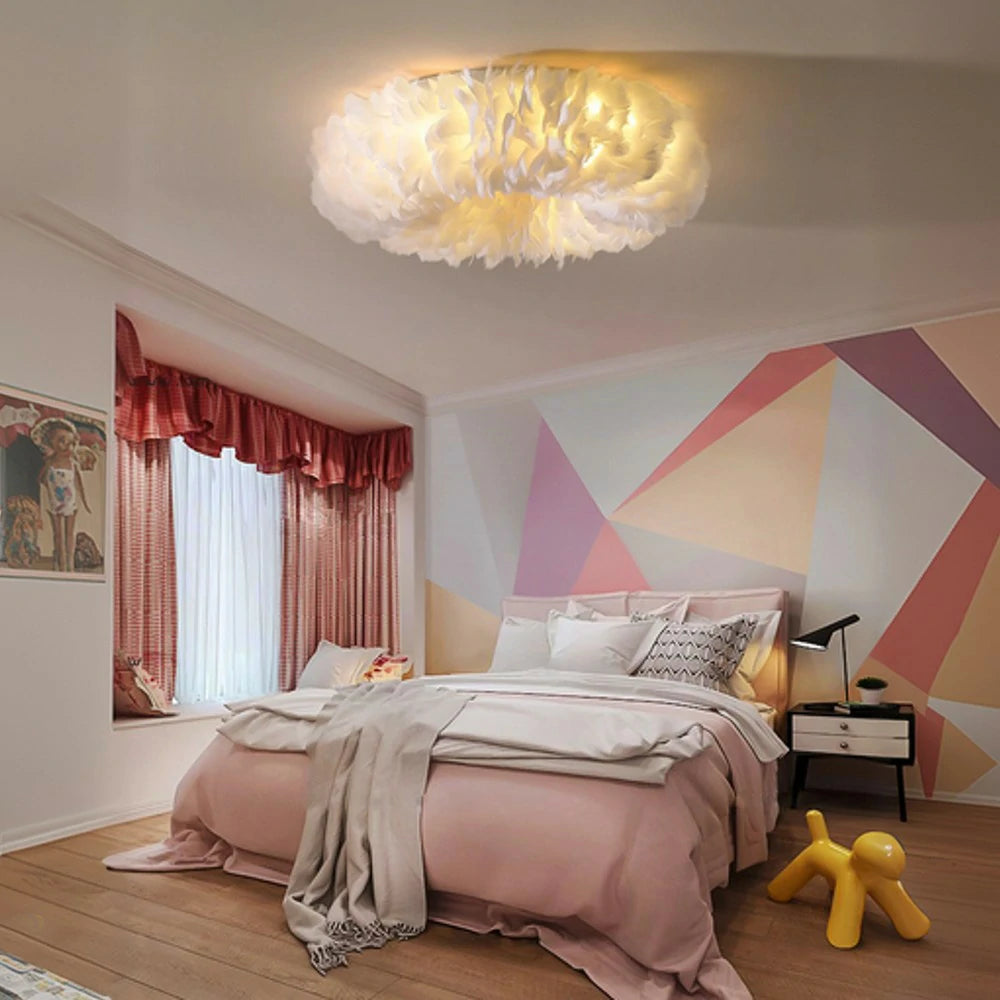 LIVARA Feather Ceiling Light with Natural Goose Feathers, Eye-Protection LED & Three-Color Dimmable Soft Lighting