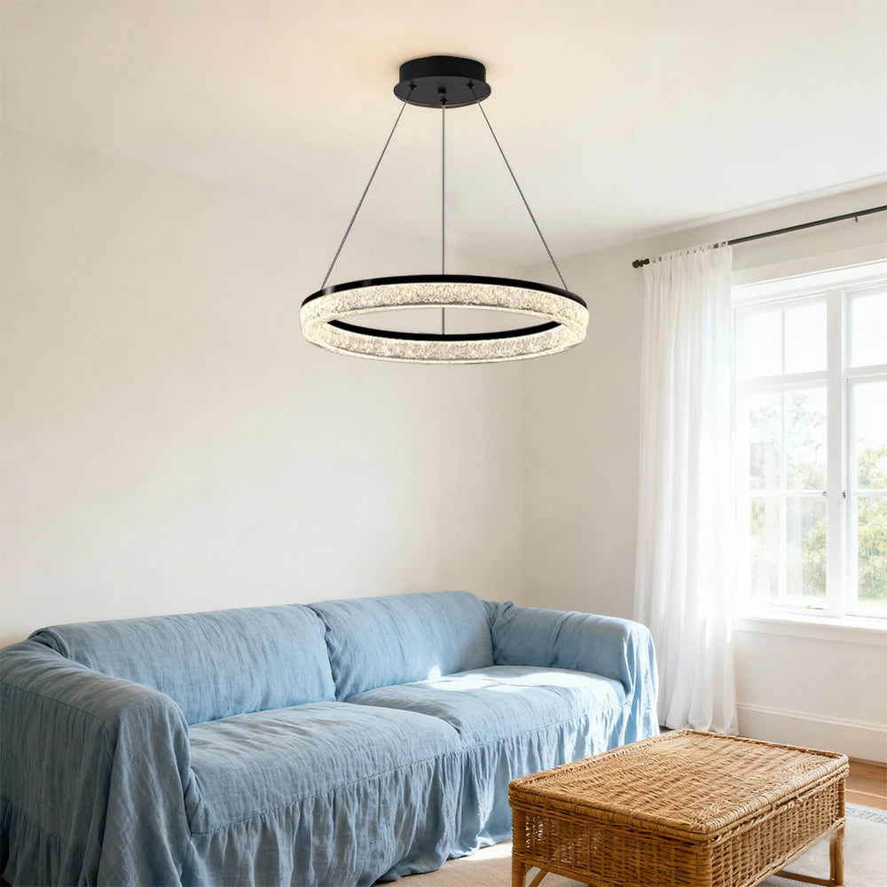 LIVARA 48W Crystal Pendant Light with Full-Spectrum Eye-Protection LED, Three-Color Dimmable Lighting & Matte Iron Body Design