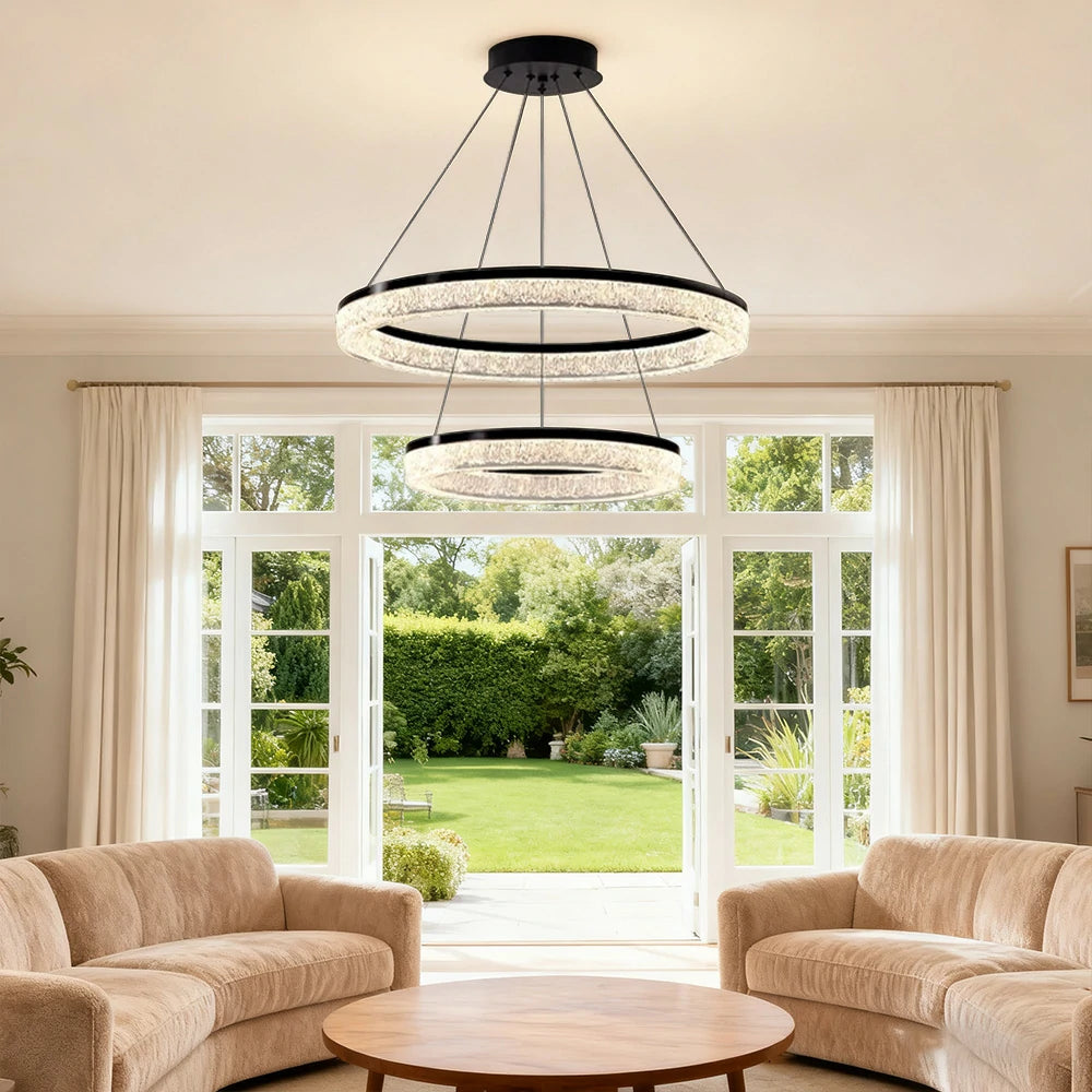 LIVARA 124W Crystal Pendant Light with Full-Spectrum Eye-Protection LED, Three-Color Dimmable Lighting & Matte Iron Body Design