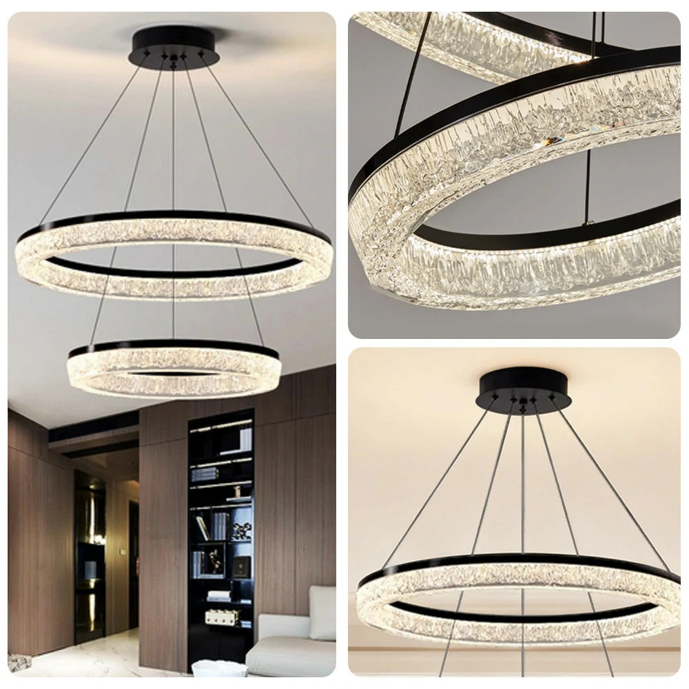 LIVARA 124W Crystal Pendant Light with Full-Spectrum Eye-Protection LED, Three-Color Dimmable Lighting & Matte Iron Body Design