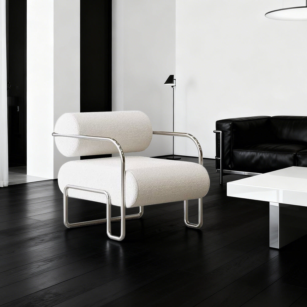 LIVARA Velvet Lounge Chair Thick Cushion Stainless Steel Frame Deep-Relax Bolster Support Design - White&Silver