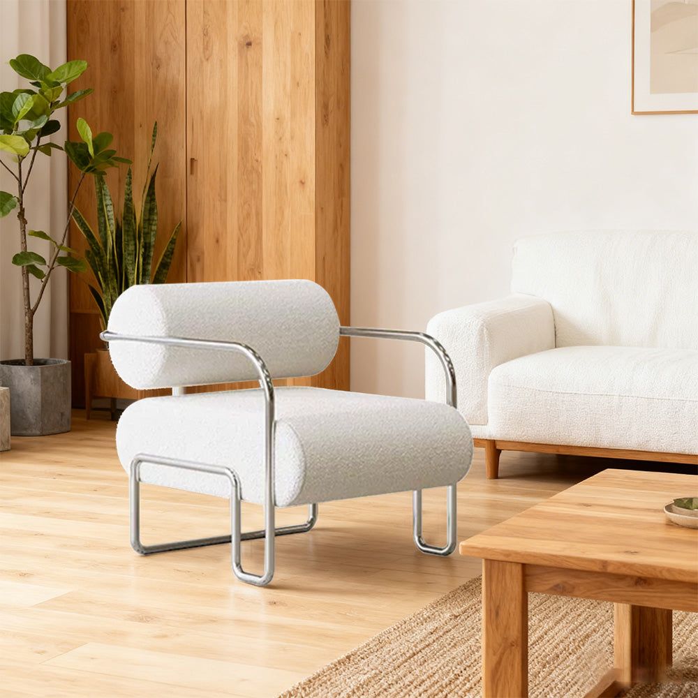 LIVARA Velvet Lounge Chair Thick Cushion Stainless Steel Frame Deep-Relax Bolster Support Design - White&Silver