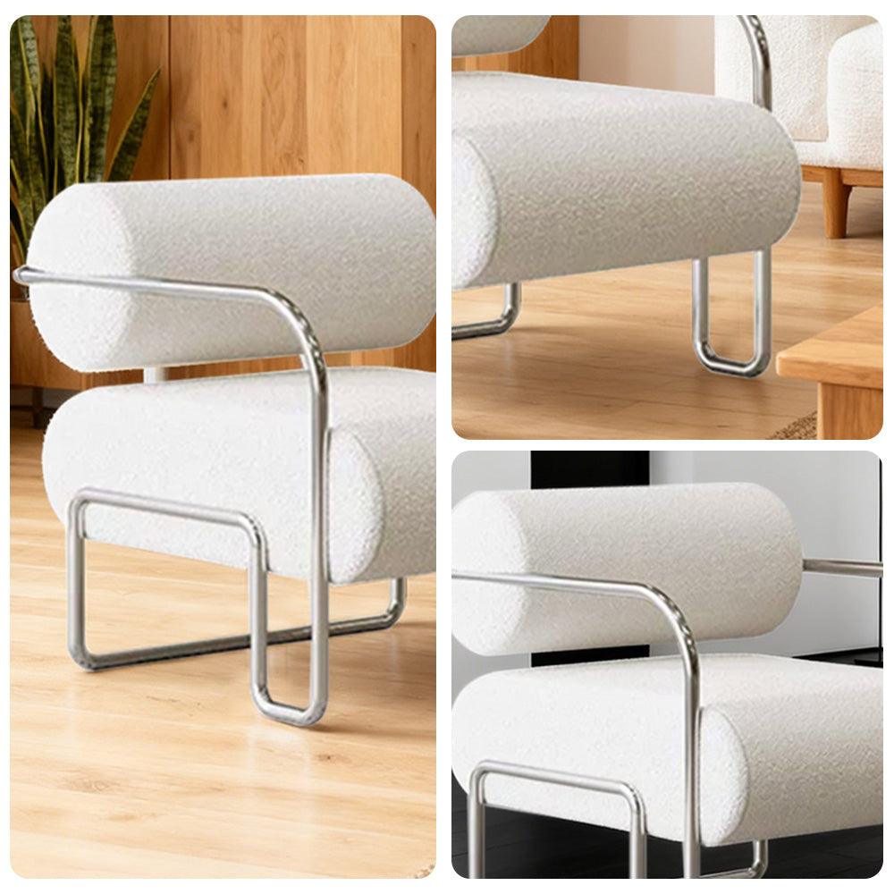 LIVARA Velvet Lounge Chair Thick Cushion Stainless Steel Frame Deep-Relax Bolster Support Design - White&Silver