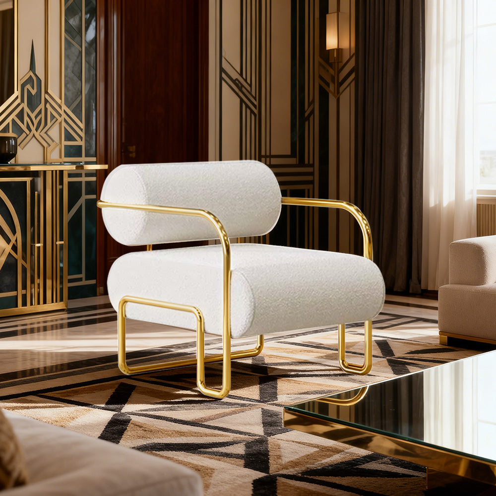 LIVARA Velvet Lounge Chair Thick Cushion Stainless Steel Frame Deep-Relax Bolster Support Design - White&Gold