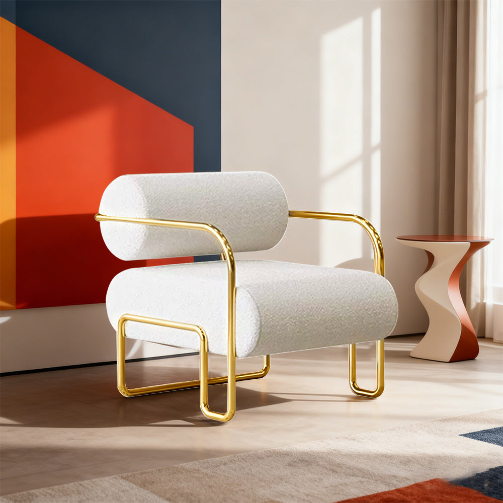 LIVARA Velvet Lounge Chair Thick Cushion Stainless Steel Frame Deep-Relax Bolster Support Design - White&Gold