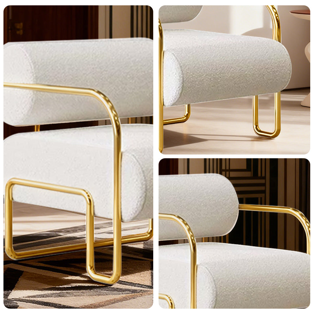 LIVARA Velvet Lounge Chair Thick Cushion Stainless Steel Frame Deep-Relax Bolster Support Design - White&Gold