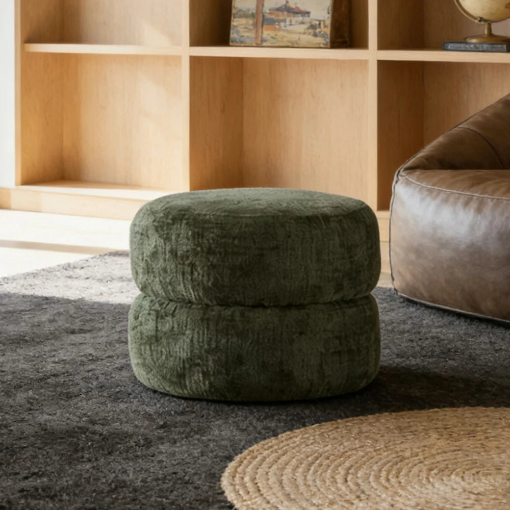 LIVARA Ottoman Round Design High-Resilience Foam Chenille Fabric Lightweight Mobile Multi-Functional - Green