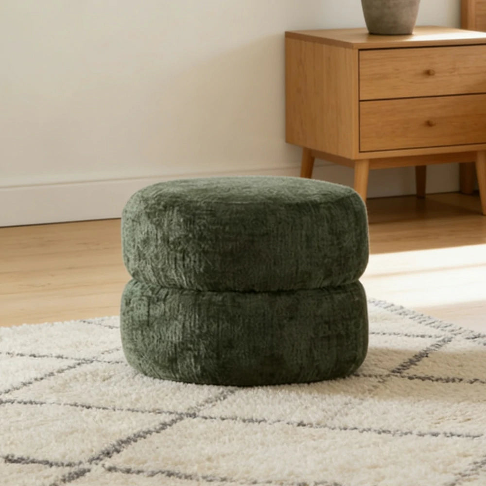 LIVARA Ottoman Round Design High-Resilience Foam Chenille Fabric Lightweight Mobile Multi-Functional - Green
