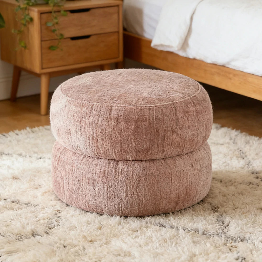 LIVARA Ottoman Round Design High-Resilience Foam Chenille Fabric Lightweight Mobile Multi-Functional - Pink