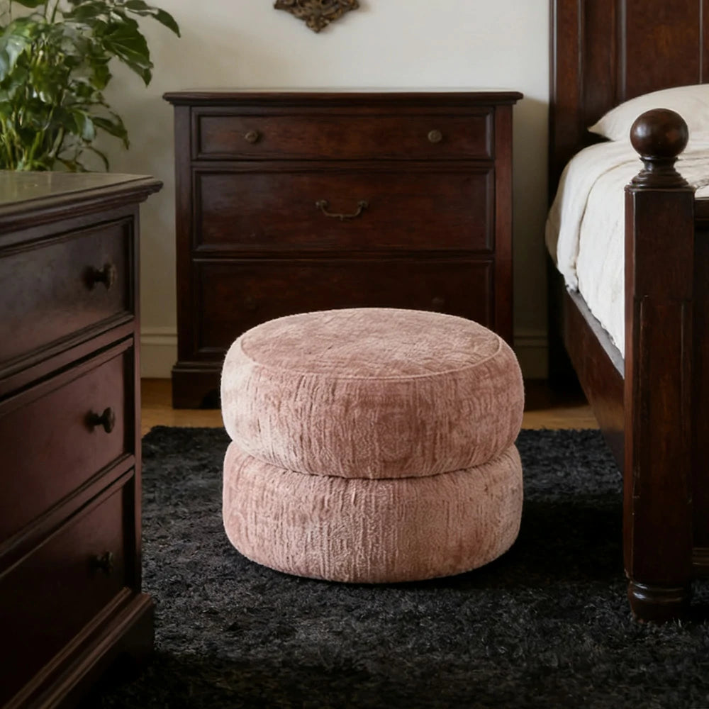 LIVARA Ottoman Round Design High-Resilience Foam Chenille Fabric Lightweight Mobile Multi-Functional - Pink