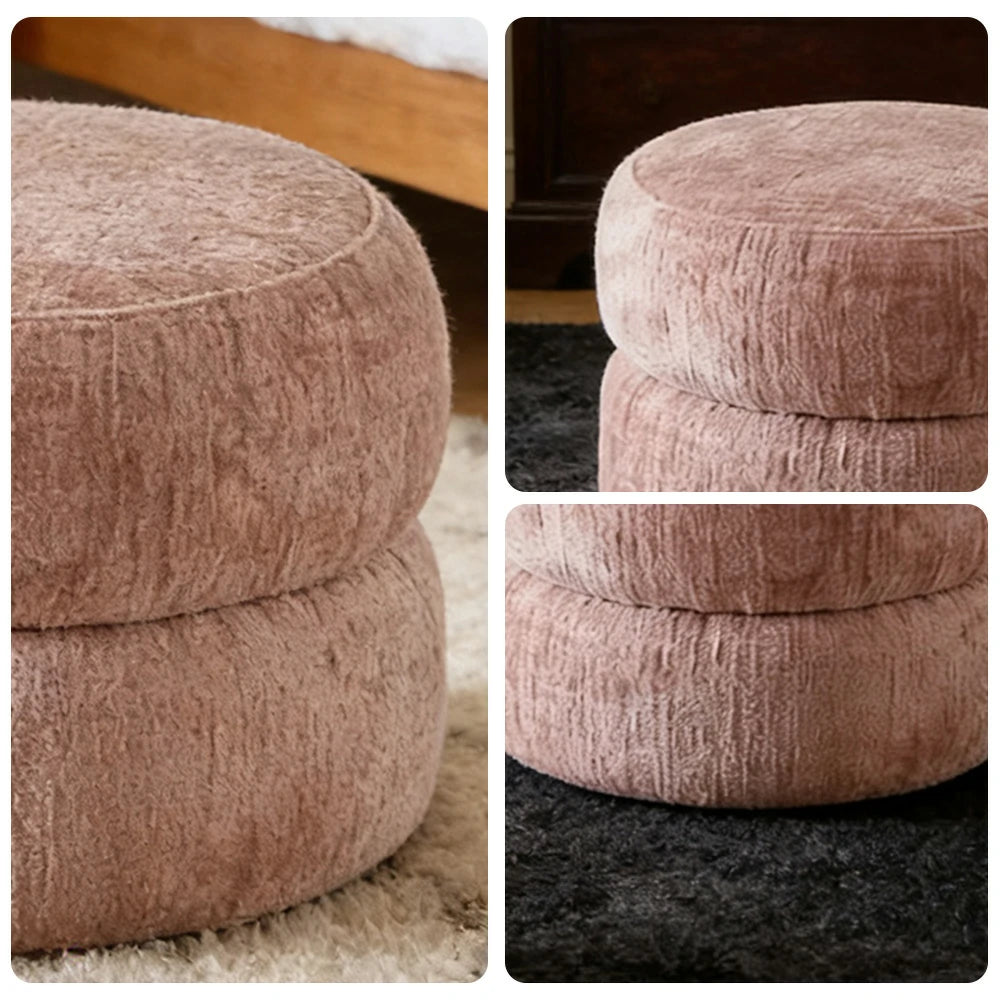 LIVARA Ottoman Round Design High-Resilience Foam Chenille Fabric Lightweight Mobile Multi-Functional - Pink
