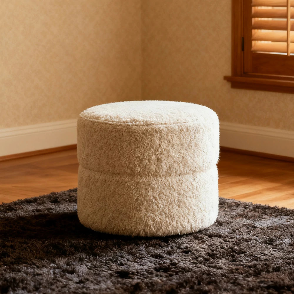 LIVARA Ottoman Round Design High-Resilience Foam Chenille Fabric Lightweight Mobile Multi-Functional - White