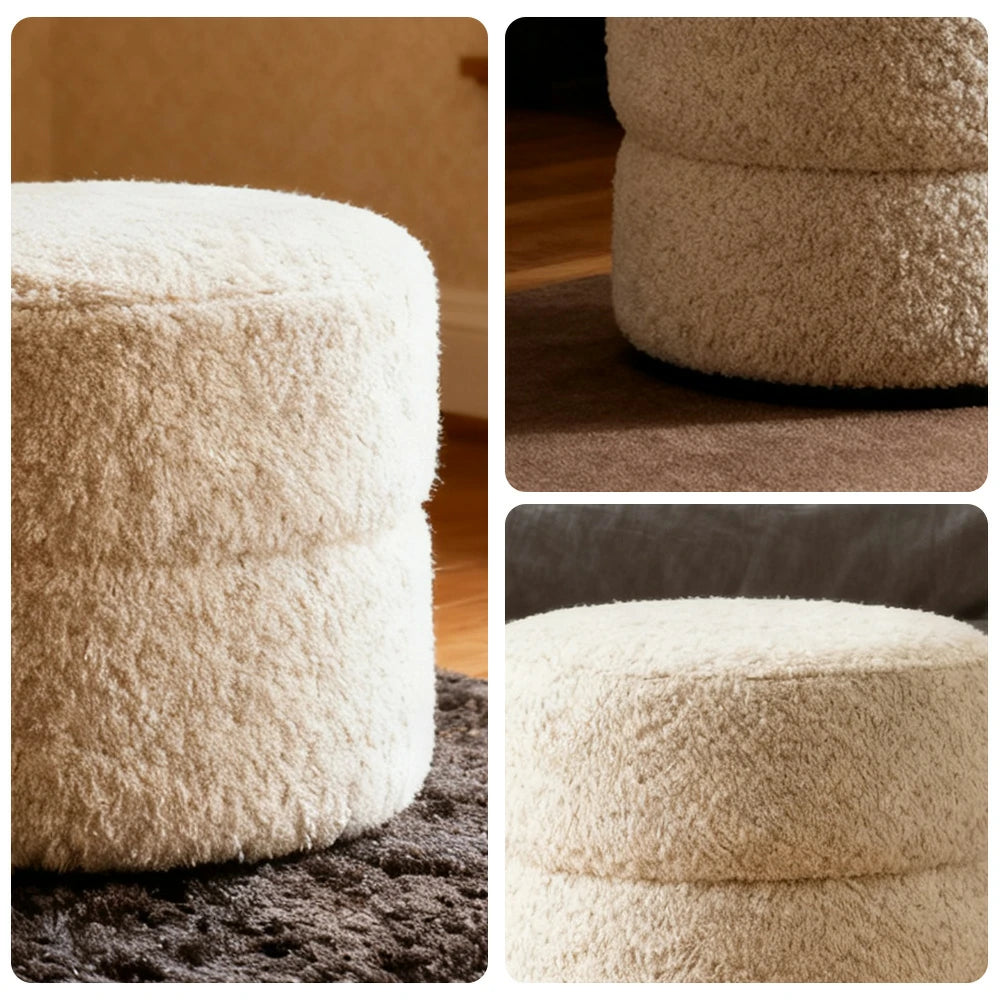 LIVARA Ottoman Round Design High-Resilience Foam Chenille Fabric Lightweight Mobile Multi-Functional - White