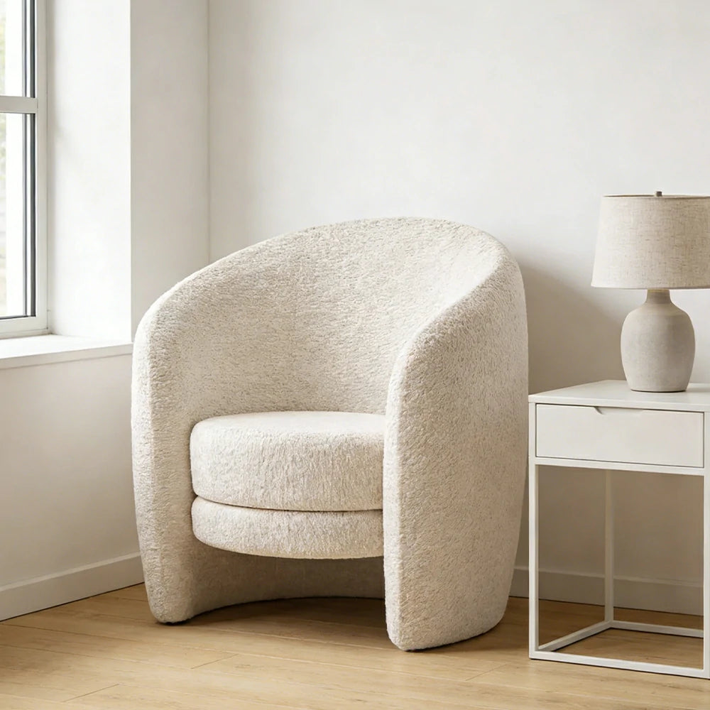 LIVARA Accent Armchair Ergonomic Support Solid Pine Frame Teddy Fleece Upholstery with Nano 3-Proof Technology - White