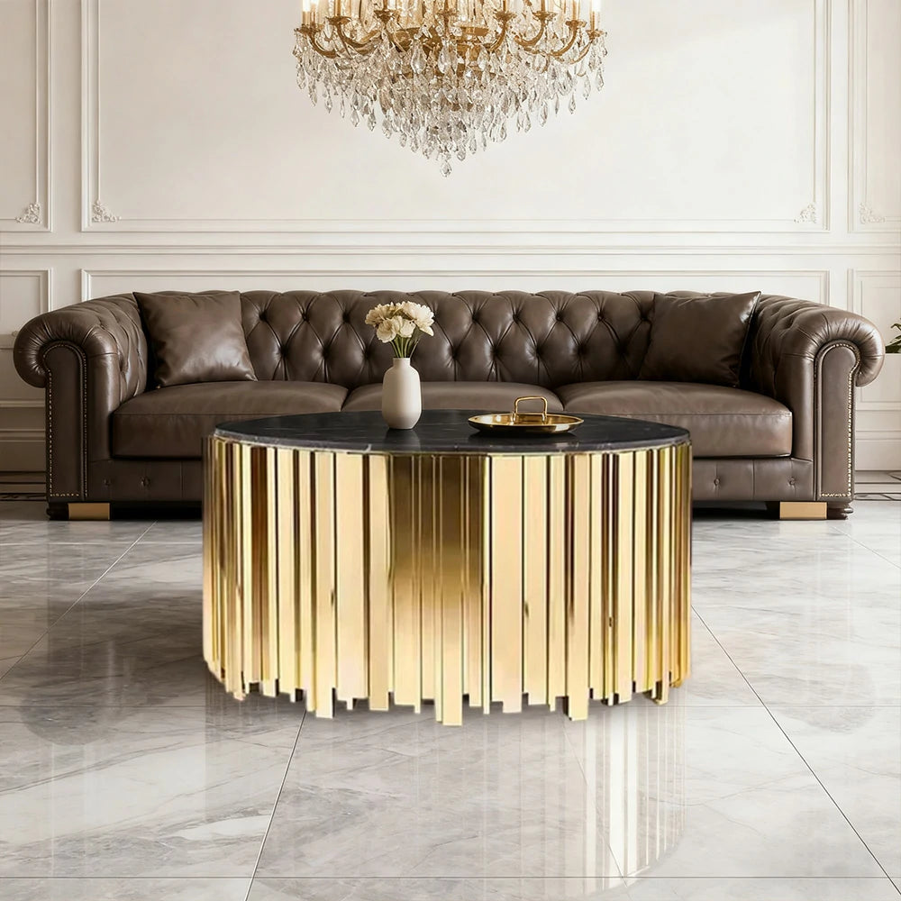 LIVARA 43/60/80cm Marble Coffee Table, Black & White Metal Legs, Brass Edge Design, Vacuum Gold-Plated Base, Modern Luxury Style - Marble White