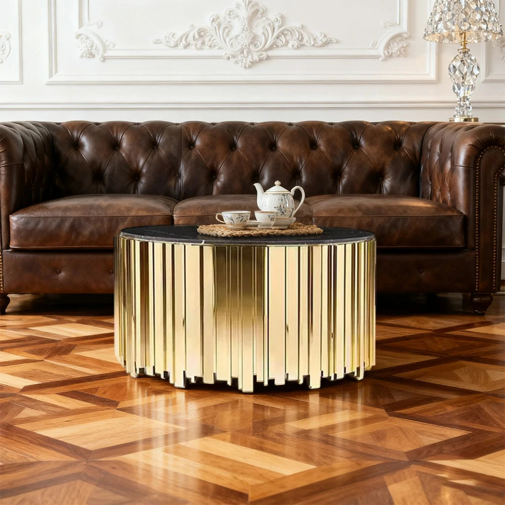 LIVARA 43/60/80cm Marble Coffee Table, Black & White Metal Legs, Brass Edge Design, Vacuum Gold-Plated Base, Modern Luxury Style - Marble White