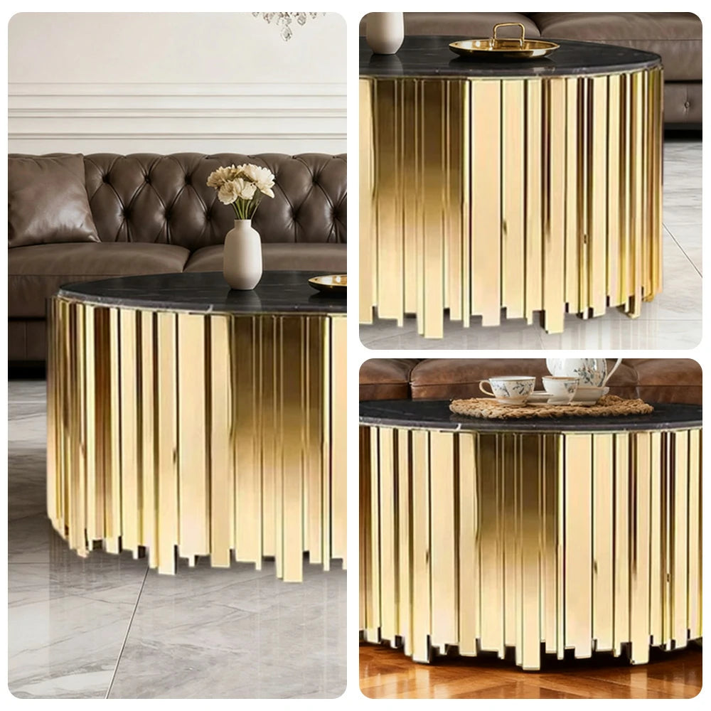 LIVARA 43/60/80cm Marble Coffee Table, Black & White Metal Legs, Brass Edge Design, Vacuum Gold-Plated Base, Modern Luxury Style - Marble White