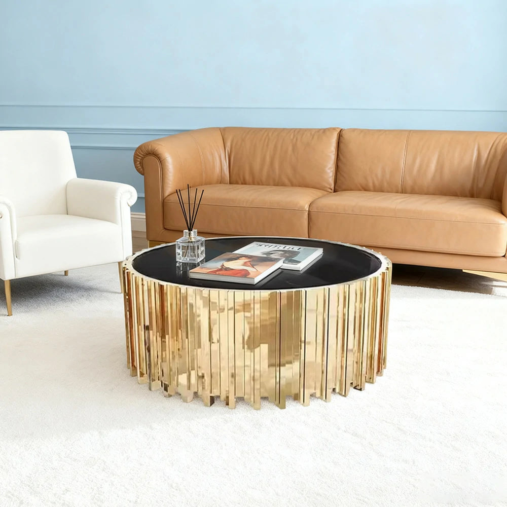 LIVARA 43/60/80cm Marble Coffee Table, Black & White Metal Legs, Brass Edge Design, Vacuum Gold-Plated Base, Modern Luxury Style - Marble White