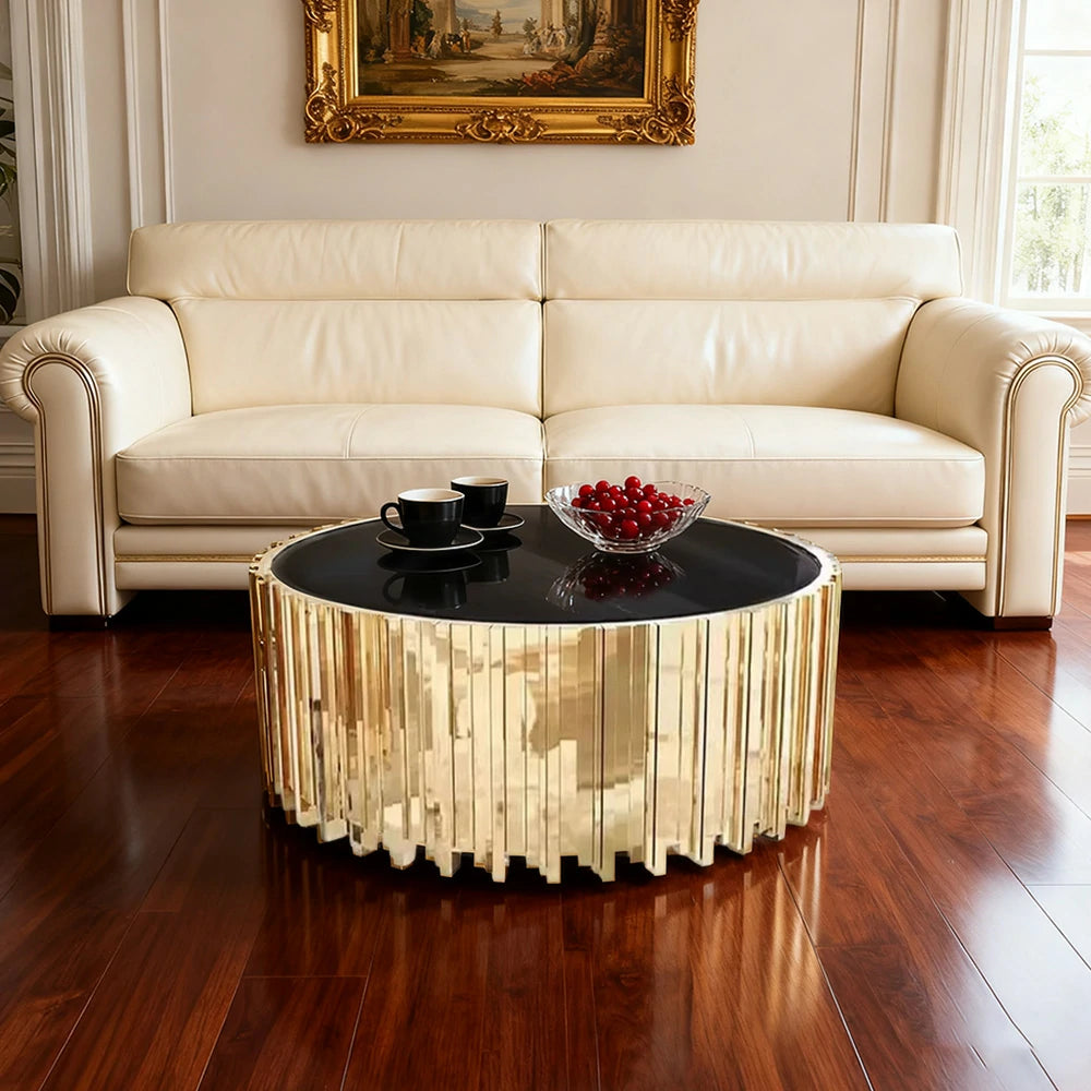 LIVARA 43/60/80cm Marble Coffee Table, Black & White Metal Legs, Brass Edge Design, Vacuum Gold-Plated Base, Modern Luxury Style - Marble White