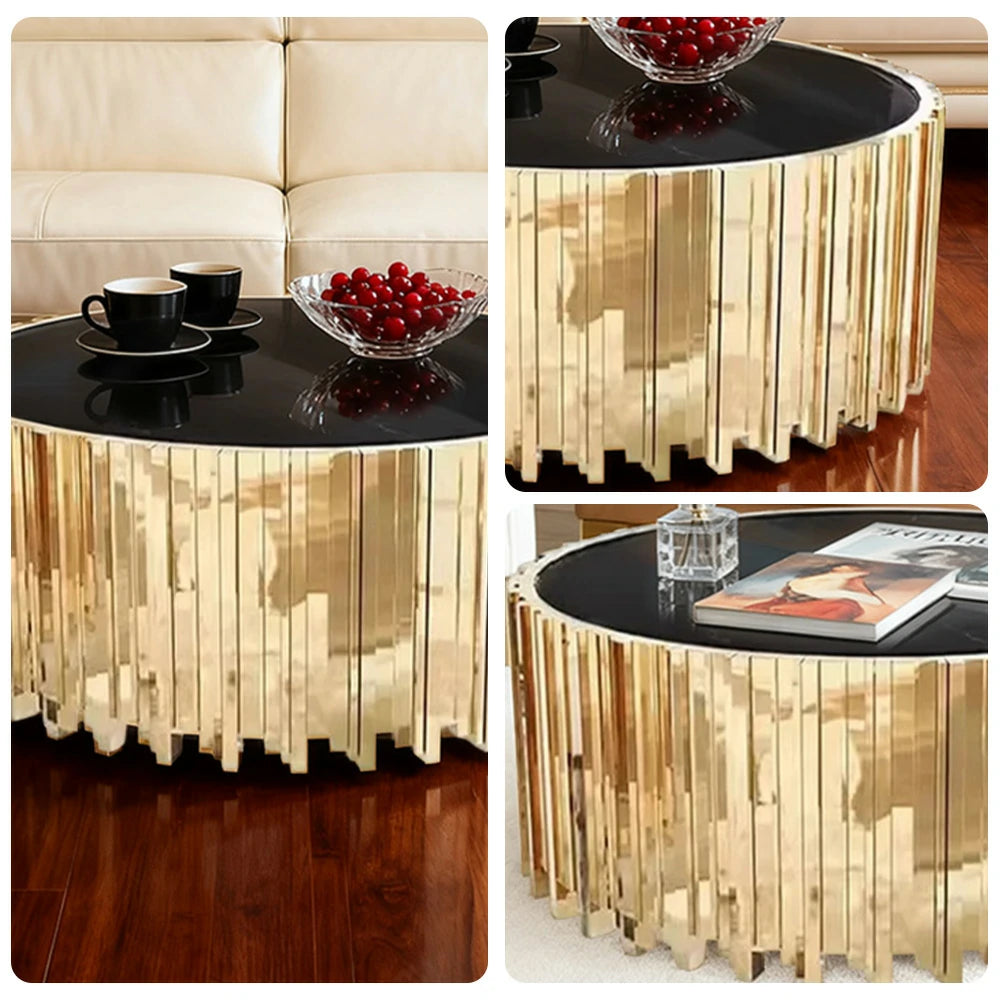 LIVARA 43/60/80cm Marble Coffee Table, Black & White Metal Legs, Brass Edge Design, Vacuum Gold-Plated Base, Modern Luxury Style - Marble White