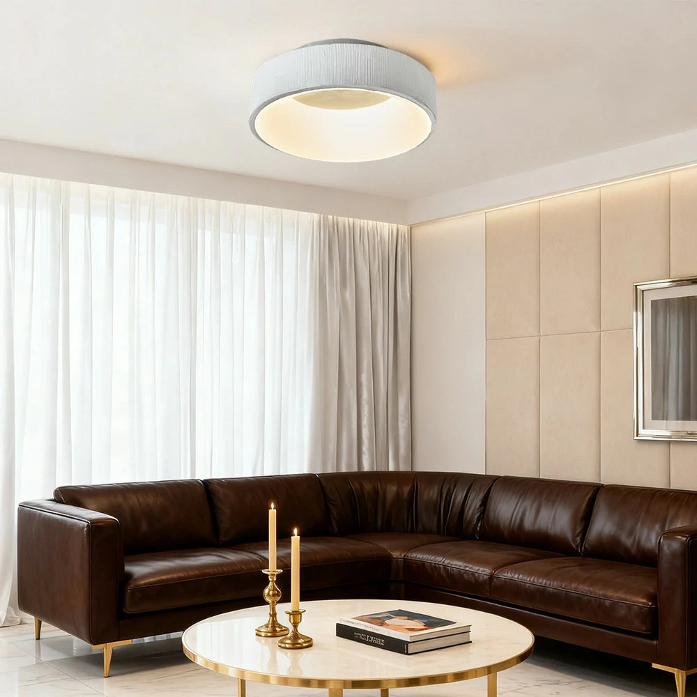 LIVARA Modern White Round LED Ceiling Light 30/40/60cm, Fabric Shade & Acrylic Flush Mount Lamp for Living Room Bedroom