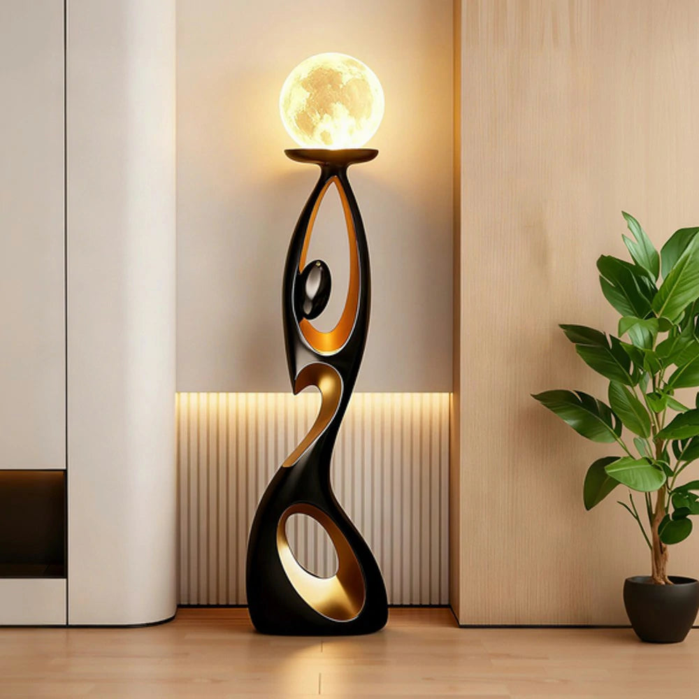 LIVARA Touch Control Rechargeable Moon Floor Lamp with 3-Color Dimmable LED & 3D Printed Resin Design - Black