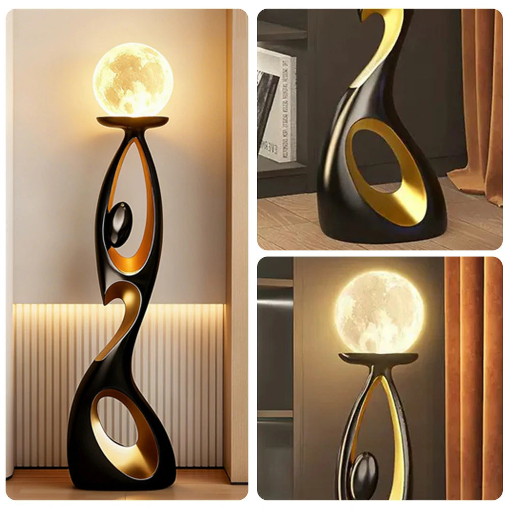 LIVARA Touch Control Rechargeable Moon Floor Lamp with 3-Color Dimmable LED & 3D Printed Resin Design - Black