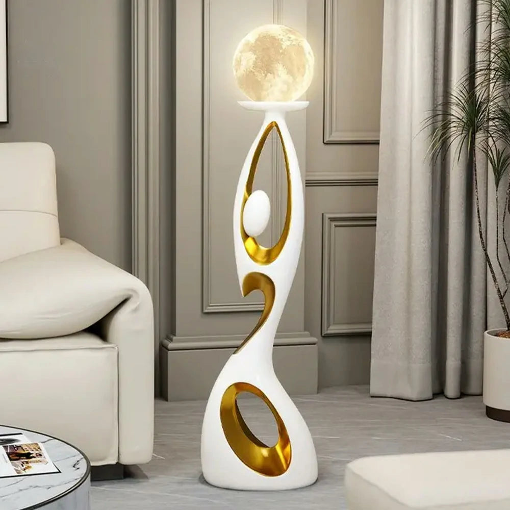 LIVARA Touch Control Rechargeable Moon Floor Lamp with 3-Color Dimmable LED & 3D Printed Resin Design - White