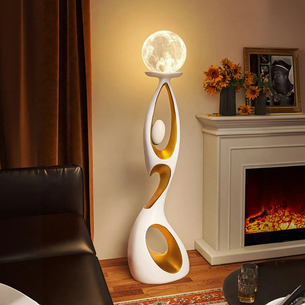 LIVARA Touch Control Rechargeable Moon Floor Lamp with 3-Color Dimmable LED & 3D Printed Resin Design - White