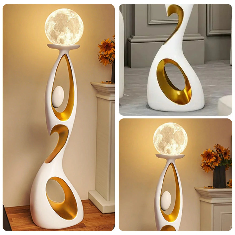 LIVARA Touch Control Rechargeable Moon Floor Lamp with 3-Color Dimmable LED & 3D Printed Resin Design - White