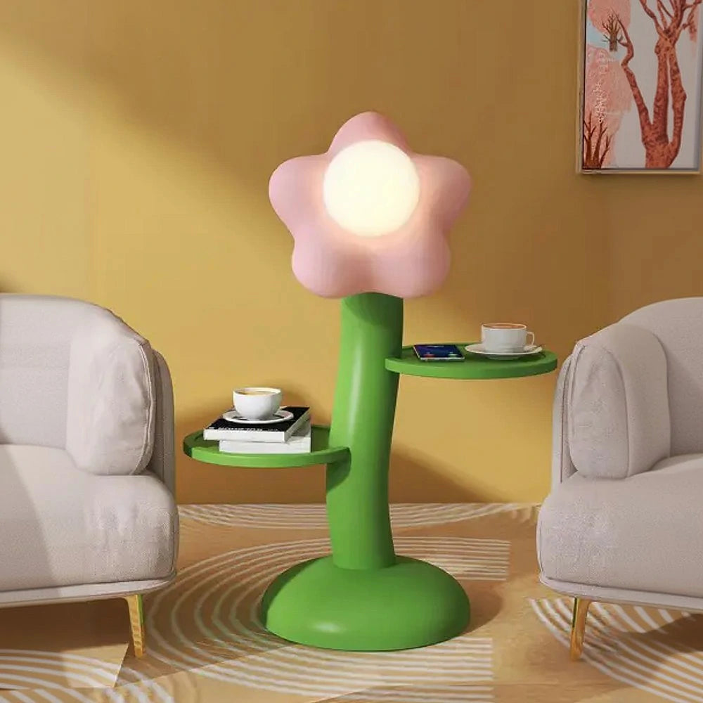 LIVARA Dual-Tray Resin Wood Floor Lamp with Frosted Lampshade – Stable Base & Easy-Clean Surface