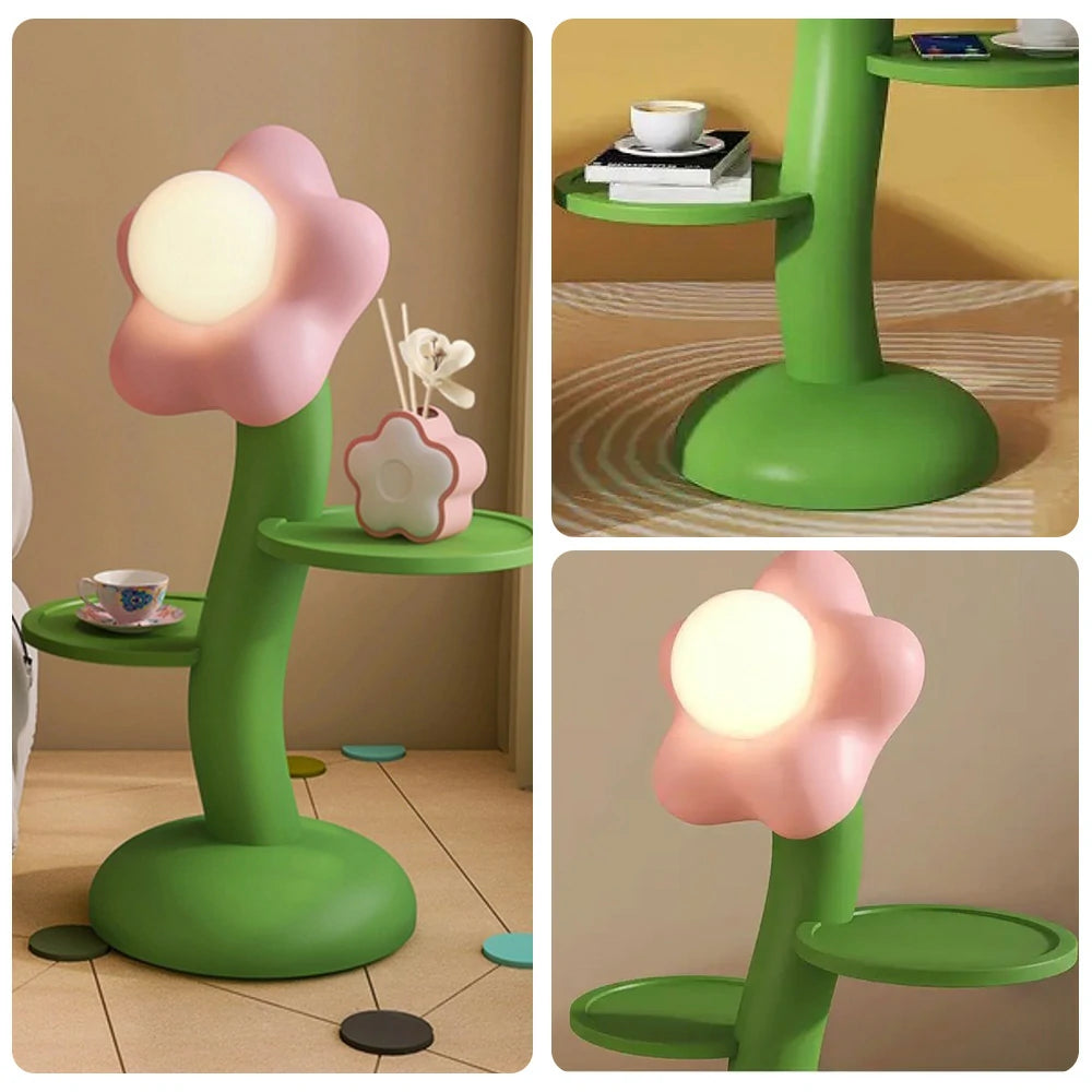 LIVARA Dual-Tray Resin Wood Floor Lamp with Frosted Lampshade – Stable Base & Easy-Clean Surface